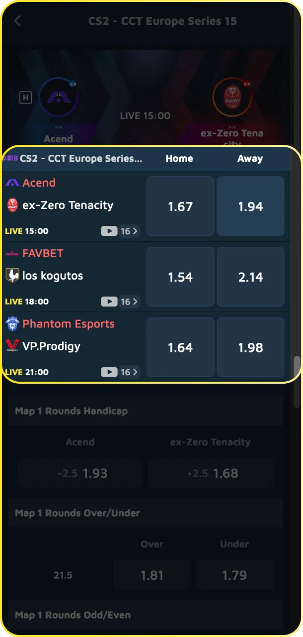 Open esports and select CS2 tournaments to find your favorite matches.