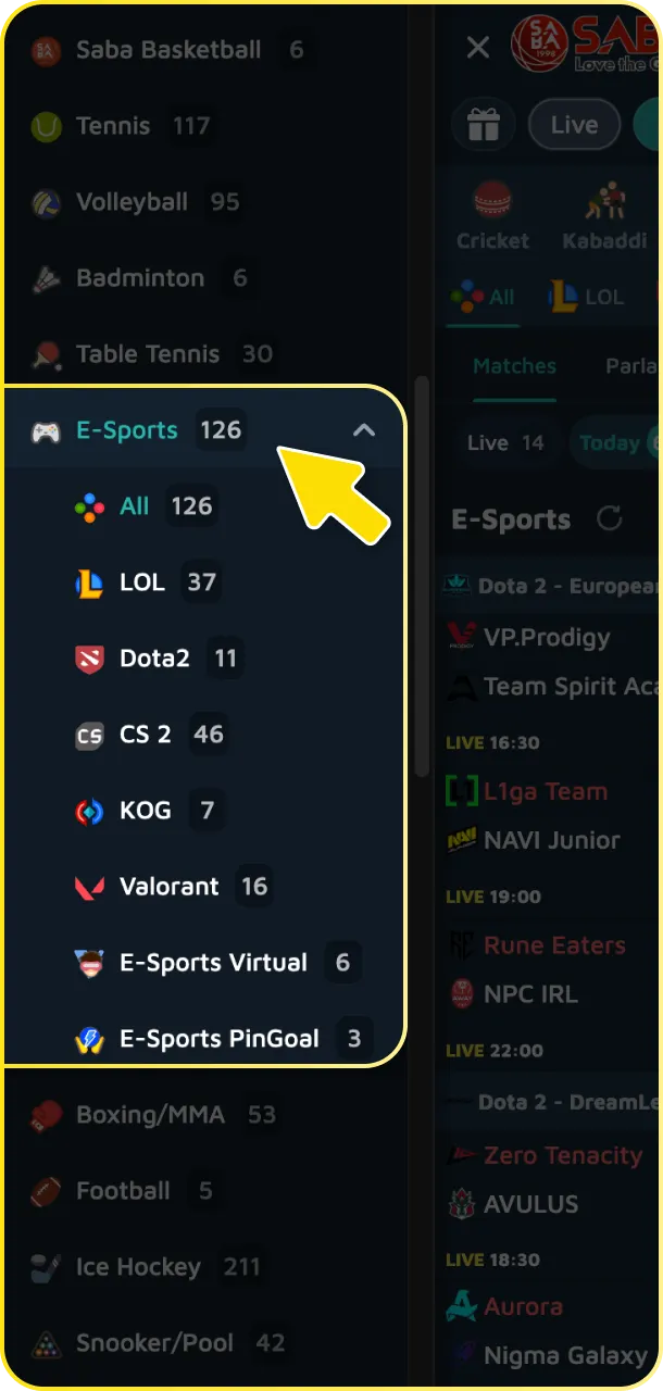 Go to esports section to find the latest Dota 2 tournaments.