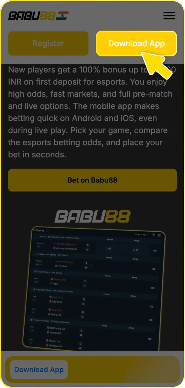 Download the app to access all Babu88 esports betting markets.