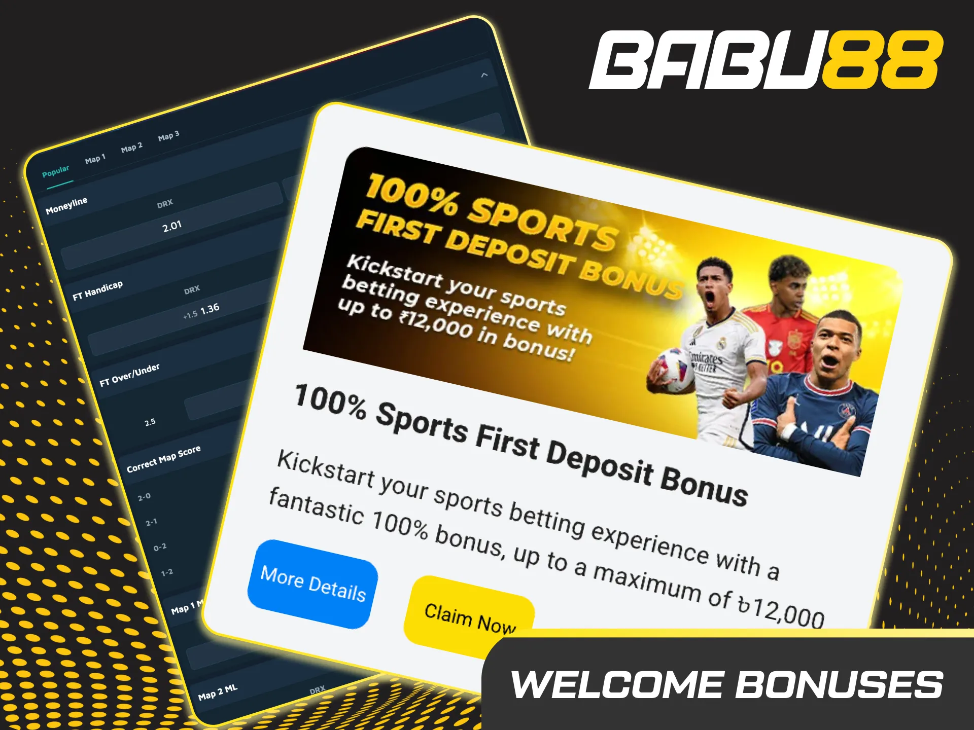 Babu88 India esports welcome bonus banner: 100% sports offer up to INR 12,000 with steps to register, deposit, claim, wager.