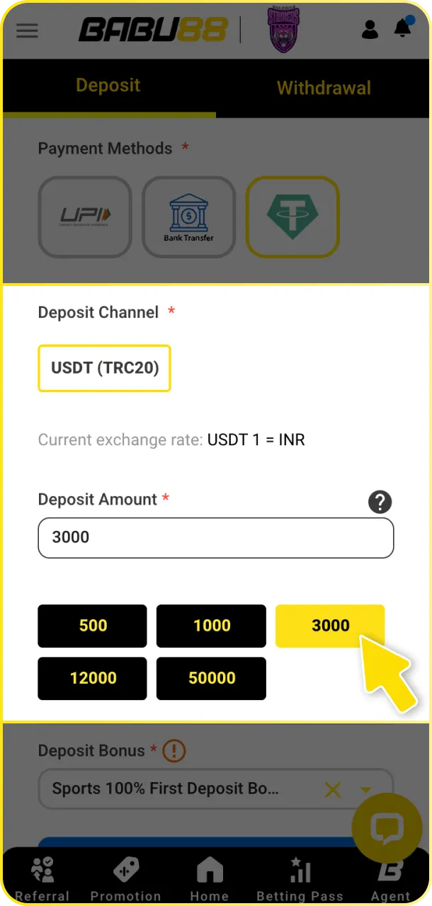 Choose a method and deposit in INR to play Babu88 live casino.