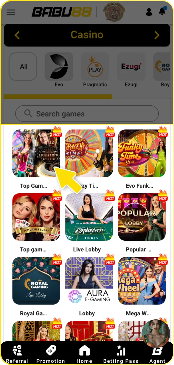 Pick a live table and place bets at the Babu88 live casino.