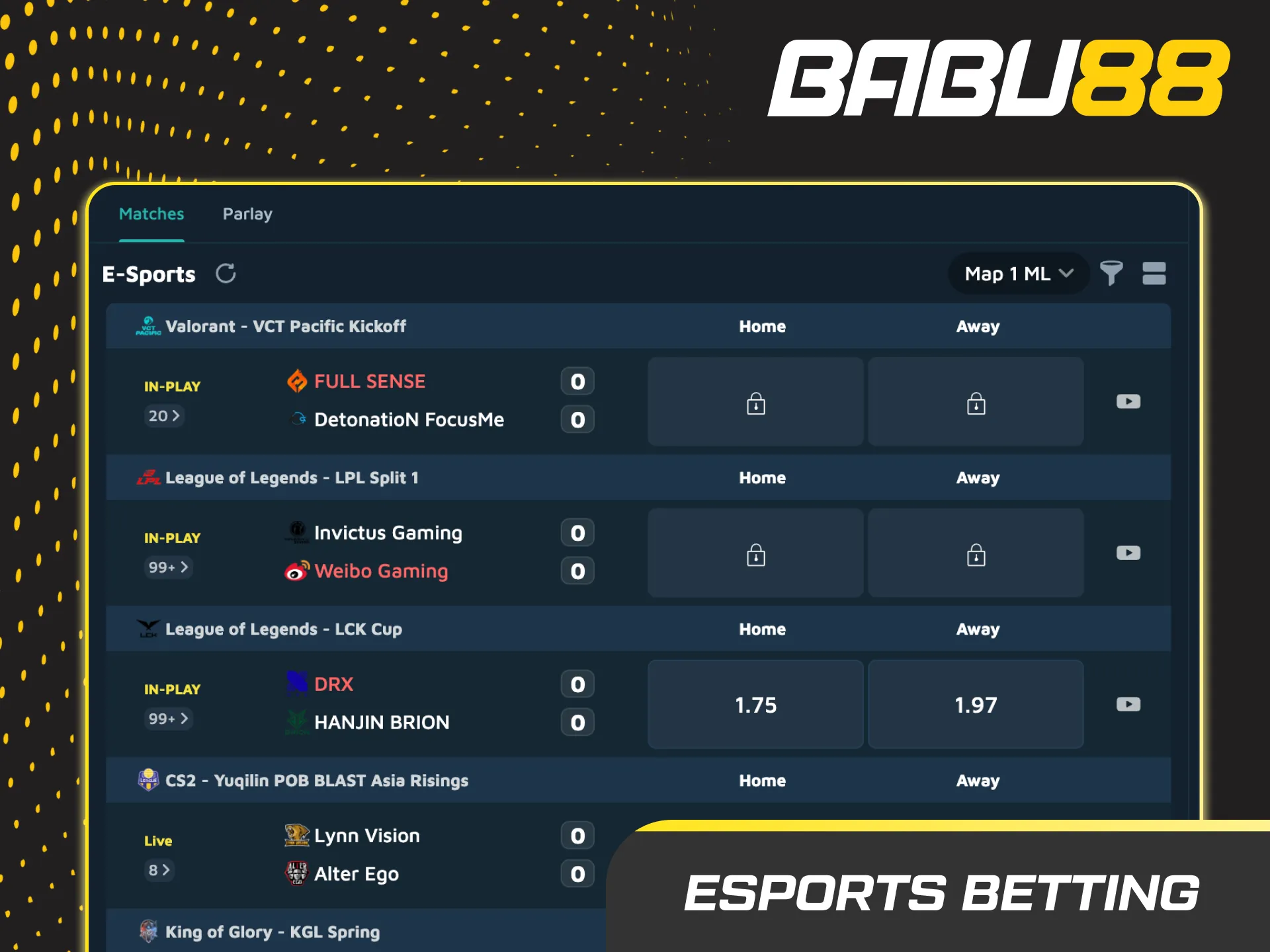 Esports betting dashboard with live odds for Dota 2, CS2, LoL, and Valorant, highlighting fast lines and top events.