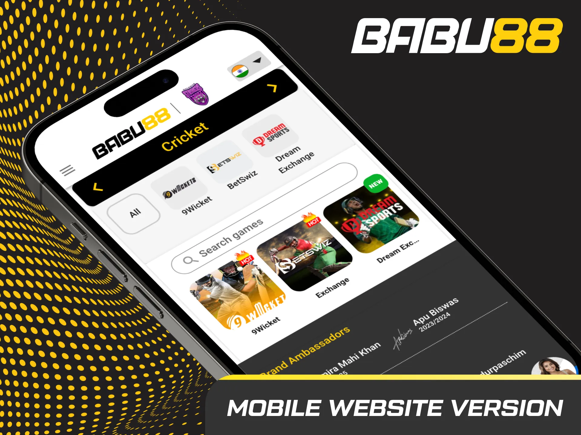 Phone with mobile betting site: live odds, quick bet slip, one-tap cash out, INR payments, biometrics, cricket stats.