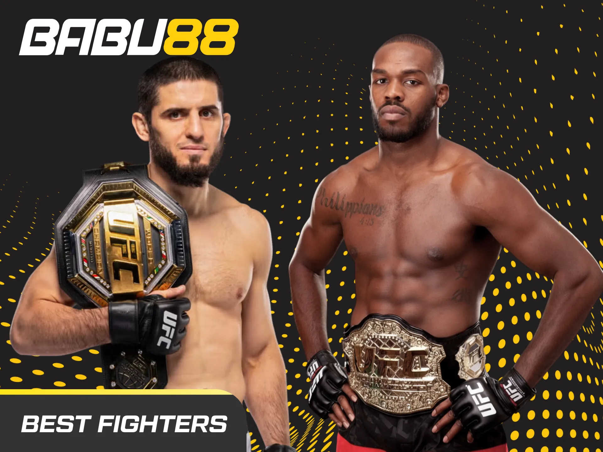 Babu88 banner with top MMA fighters and betting props: Makhachev, Volkanovski, Jones, O’Malley, Edwards, Adesanya, Zhang.