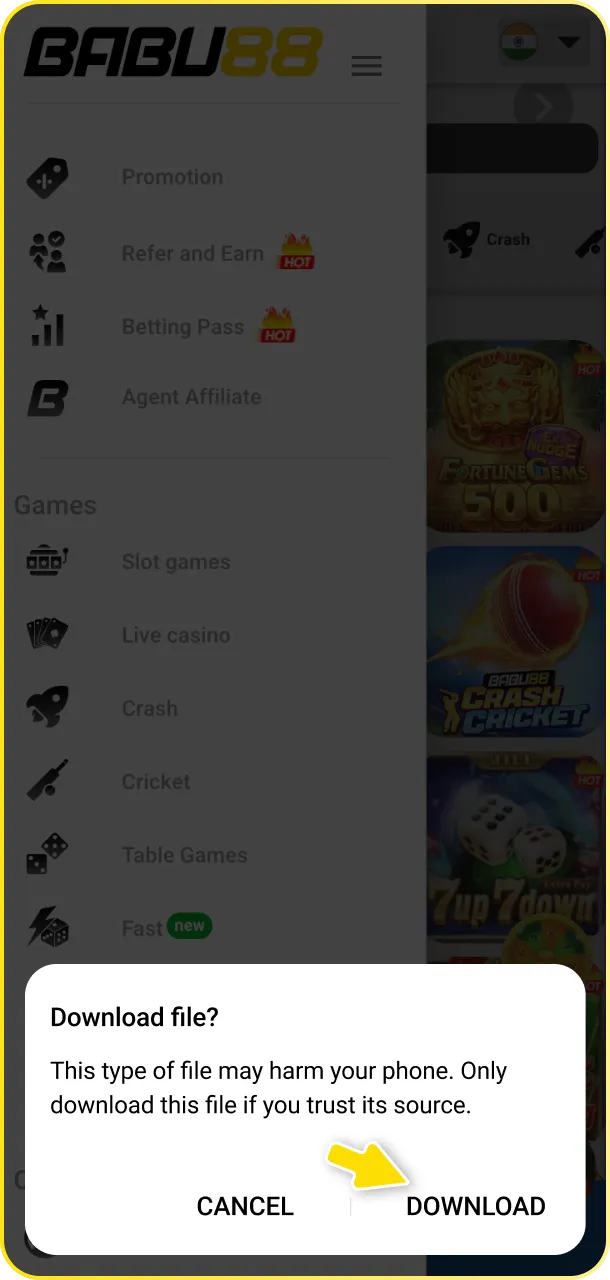 Download the APK and approve the install for the Babu88 MMA app.