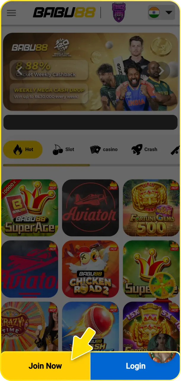 Open the Babu88 app and tap the register button to begin.