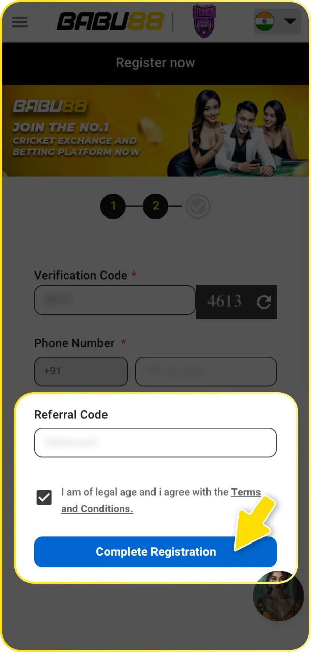 Enter the OTP or follow the email link to finish your Babu88 sign-up.