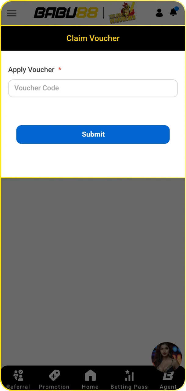 Opt in by entering a promo code to activate your Babu88 registration bonus.