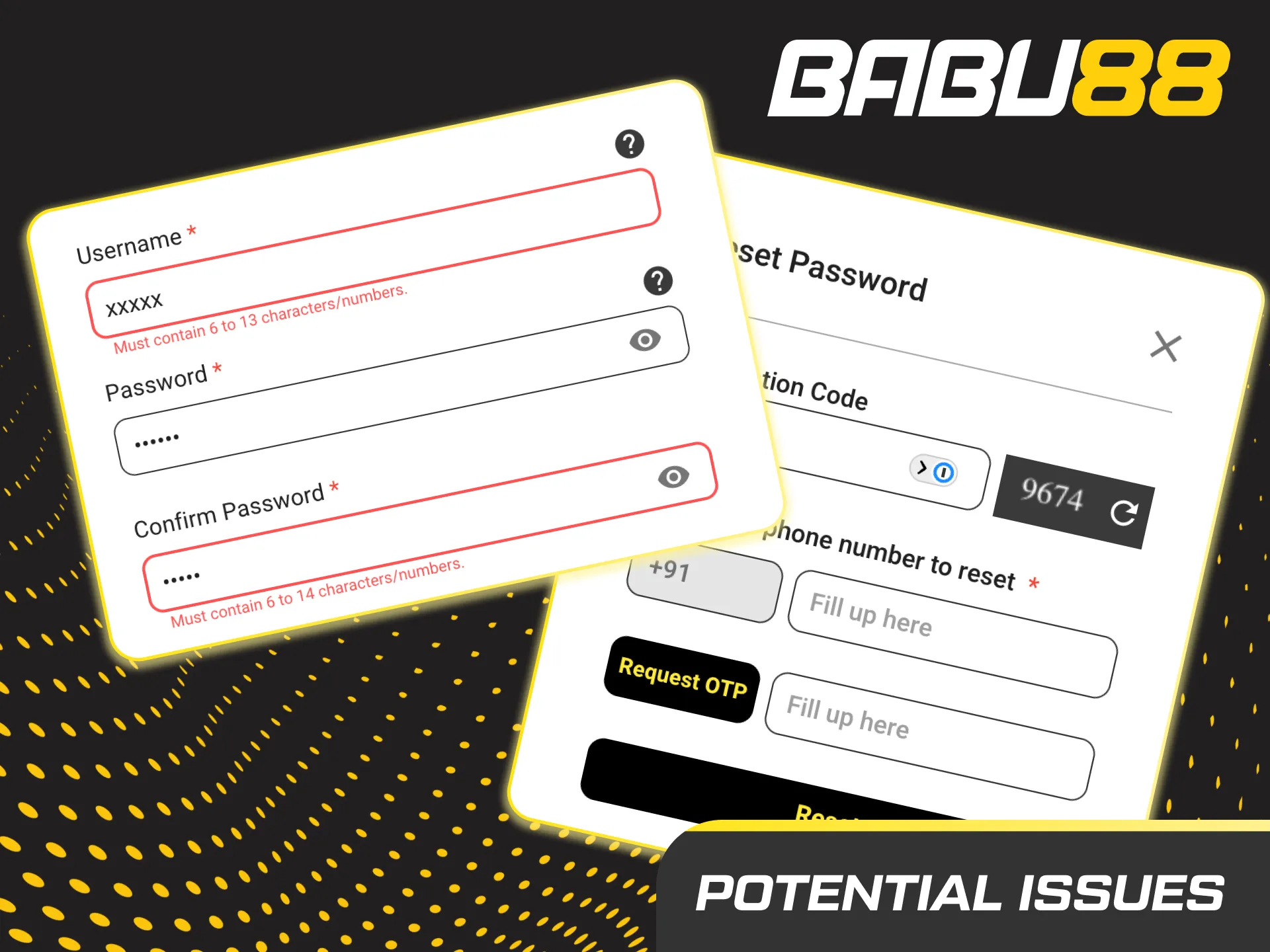 Infographic: account registration issues and fixes—OTP, doc rejection, duplicate account, name mismatch, app not loading.