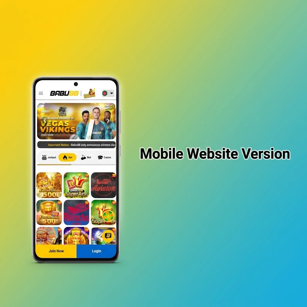 Babu88 mobile website interface showing optimised browser access for live betting, casino games, and sports on Indian networks