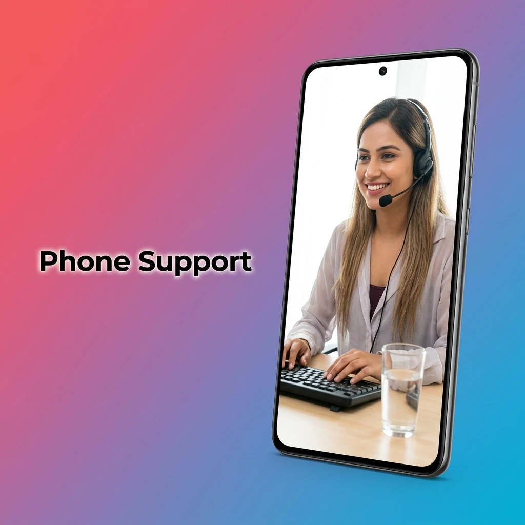 Customer service phone support representative assisting user with account issue, helpline call centre contact