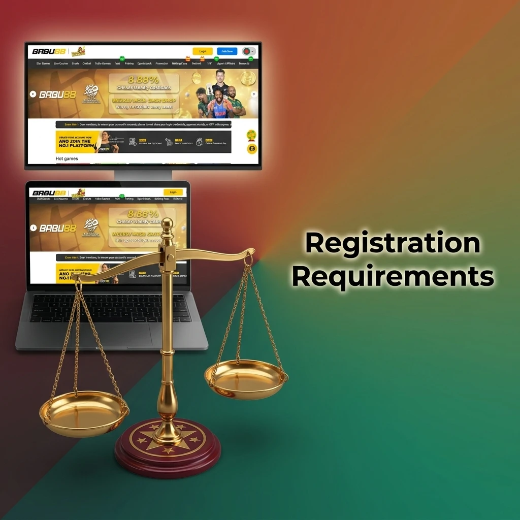 Registration requirements checklist showing age limit, identity documents, and account rules for online gambling platform sign-up